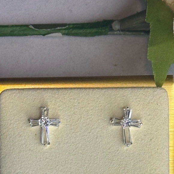 Crystal Cross Post Earrings In Silver Made with Swarovski Crystals - Picture 2 of 10